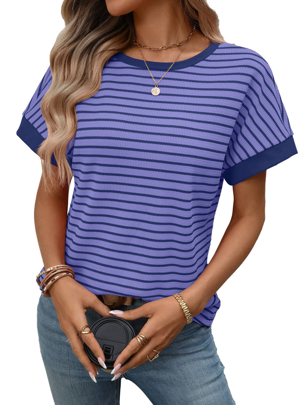 Casual crew-neck patchwork short-sleeved T-shirt