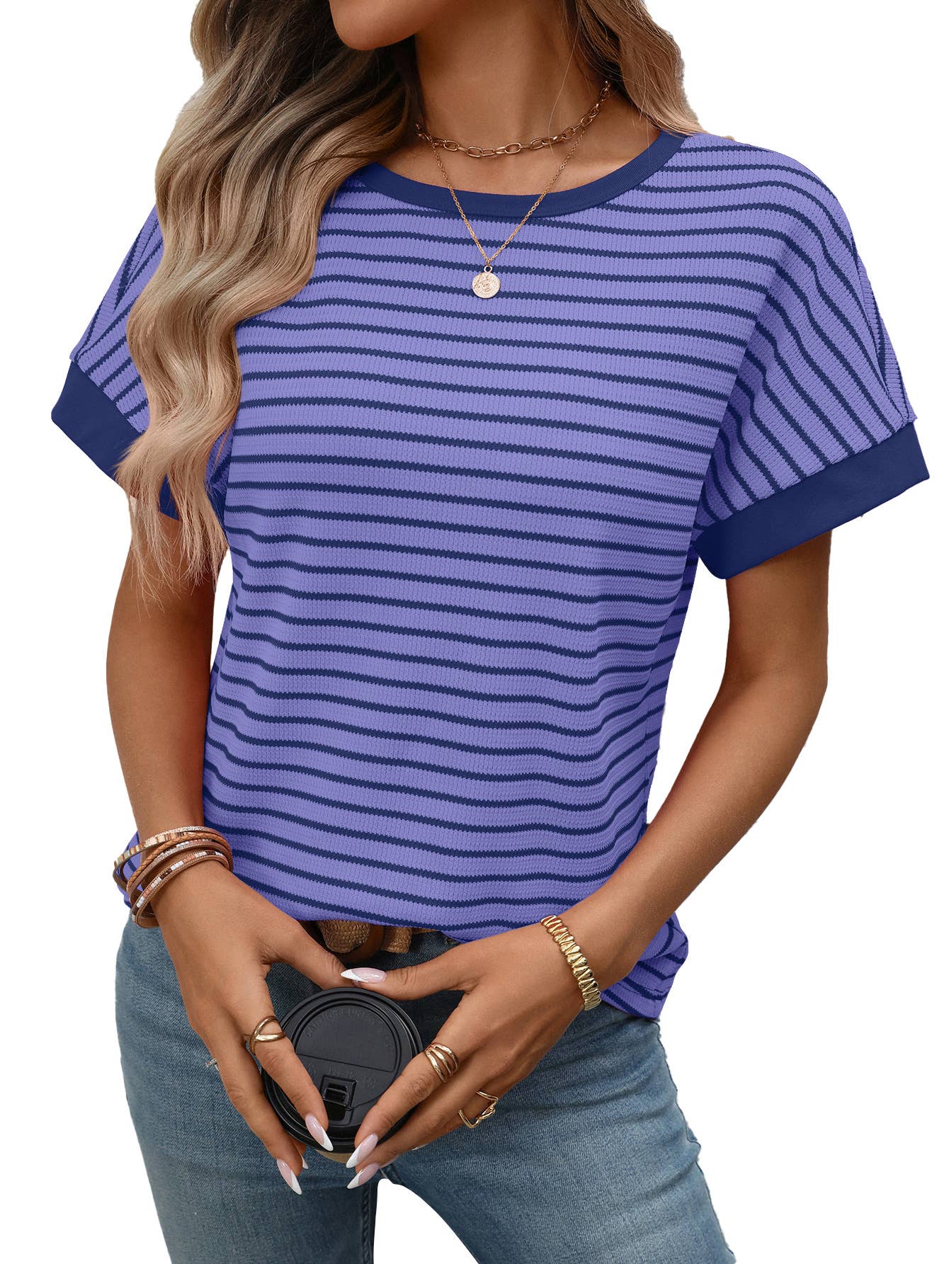 Casual crew-neck patchwork short-sleeved T-shirt