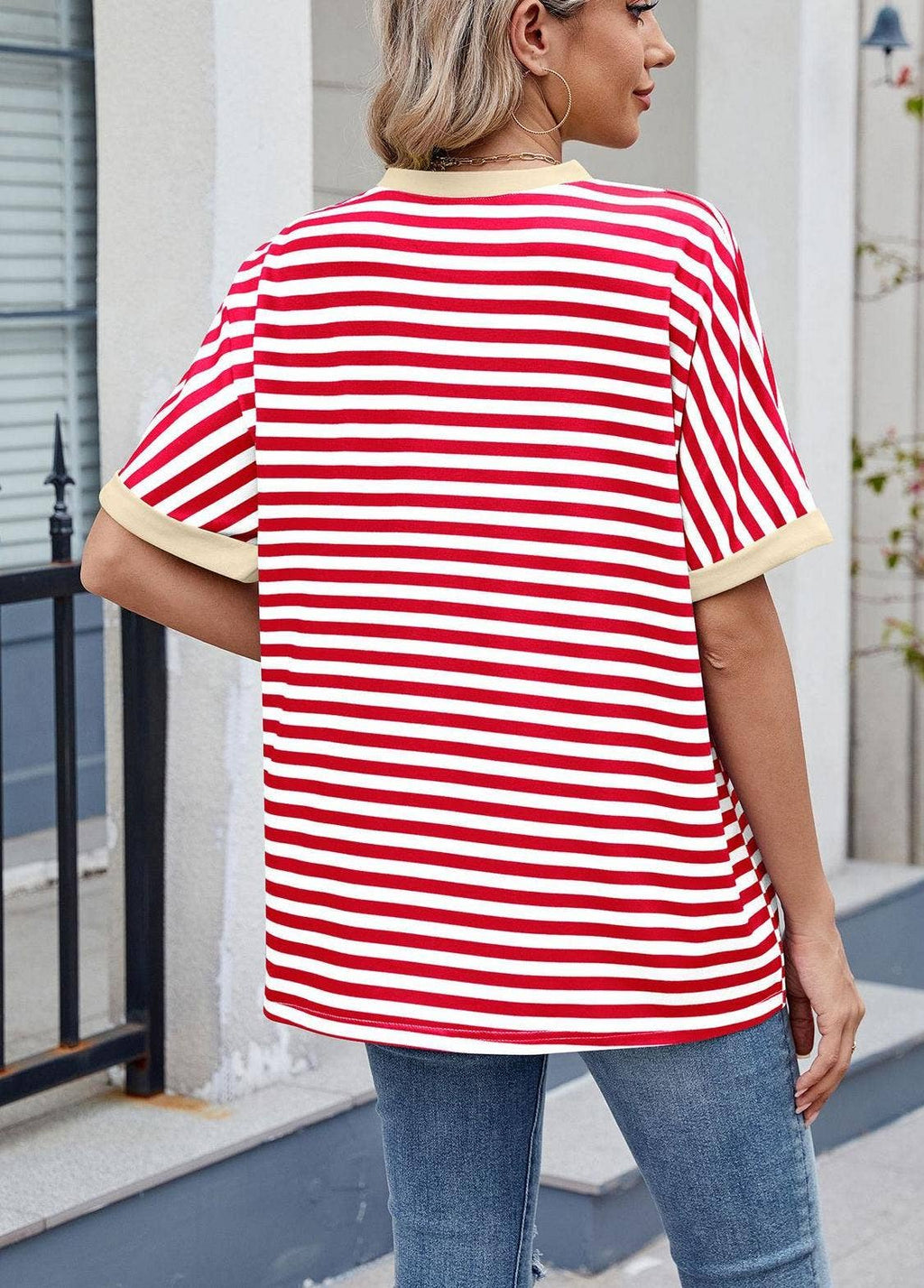 Striped Color Collision Round Neck Loose Short Sleeve T-Shir