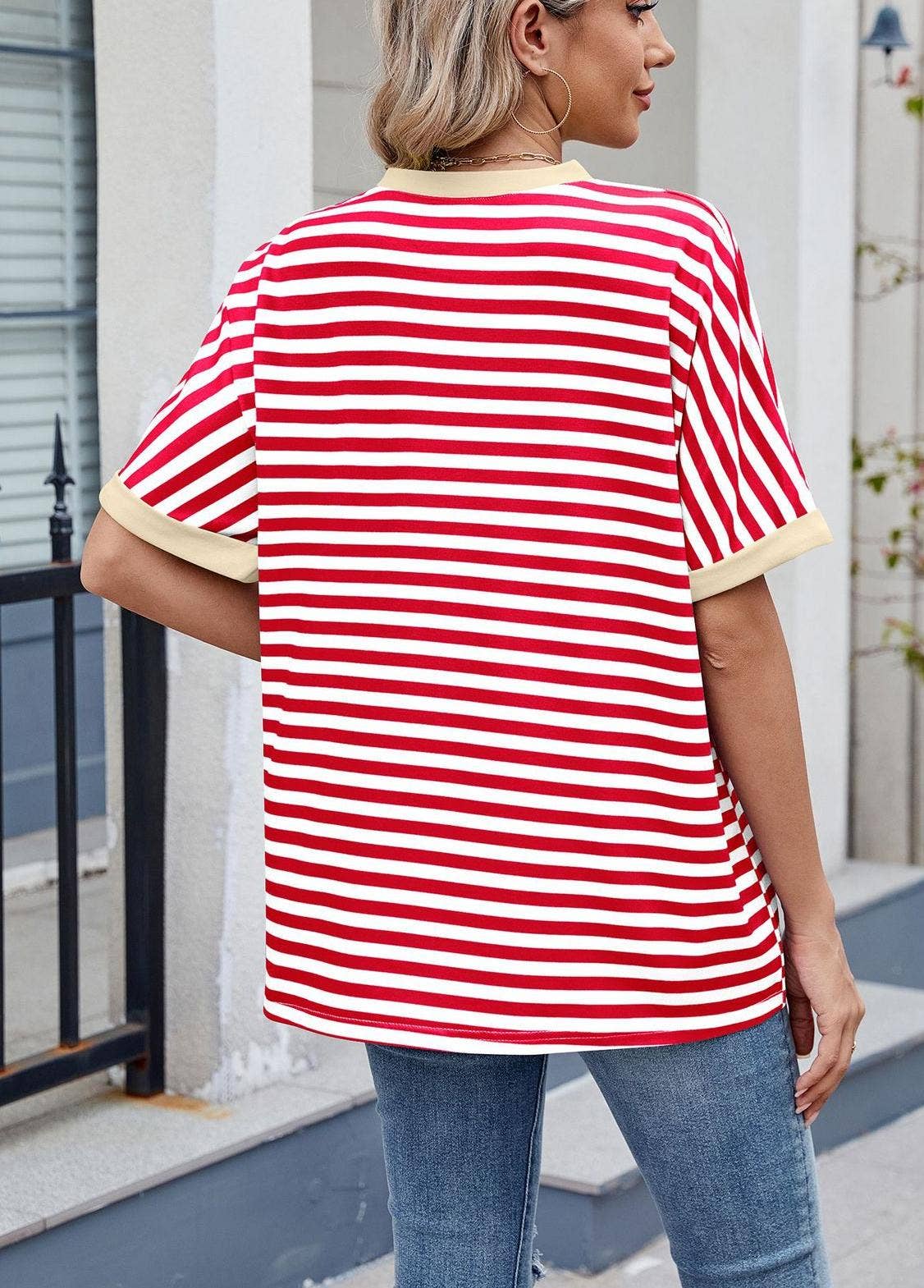 Striped Color Collision Round Neck Loose Short Sleeve T-Shir