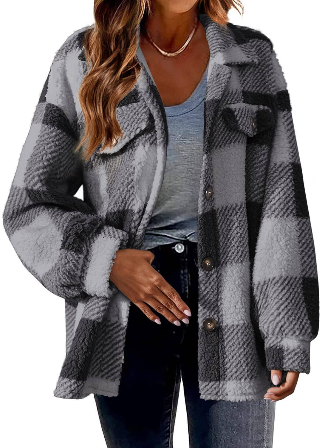 Women Plaid Fleece Shacket Button Up Warm Fall Jacket